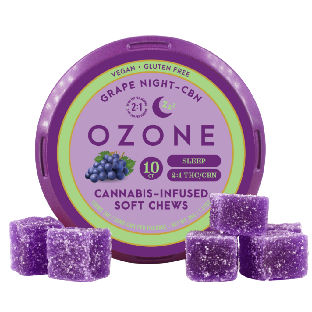 Ozone cannabis grape soft chews square sugar coated product and product round packaging