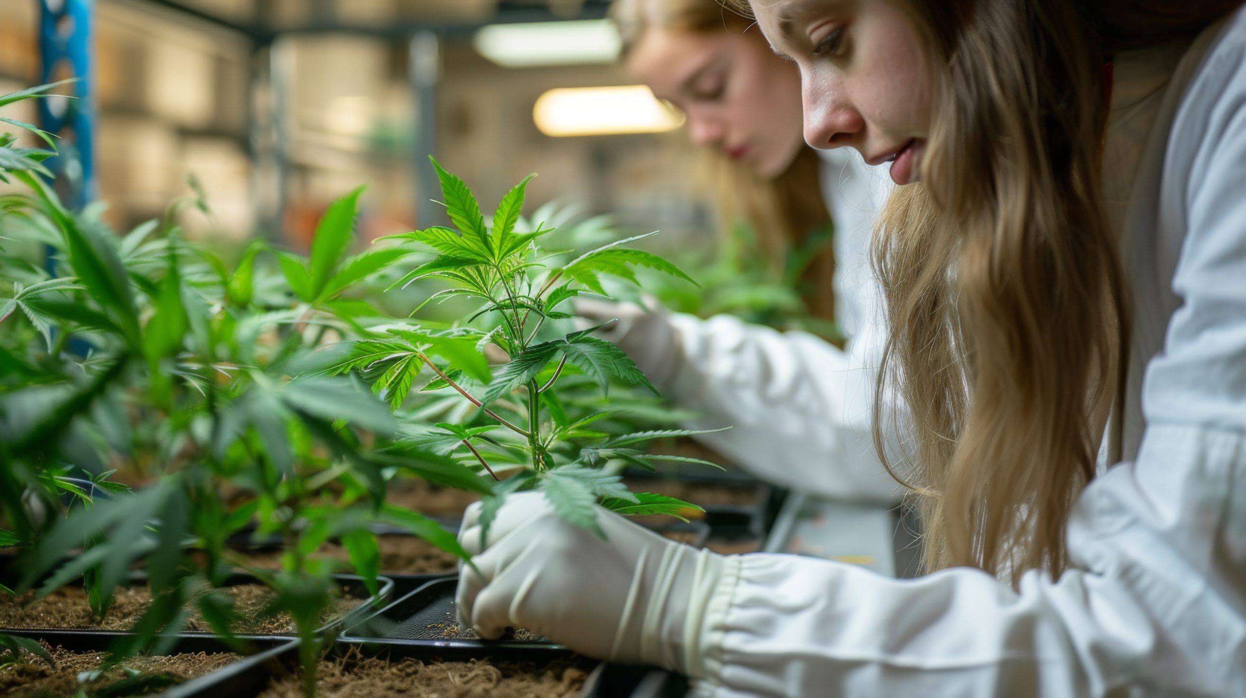 Researchers monitoring the growth rate of cannabis plants in a lab